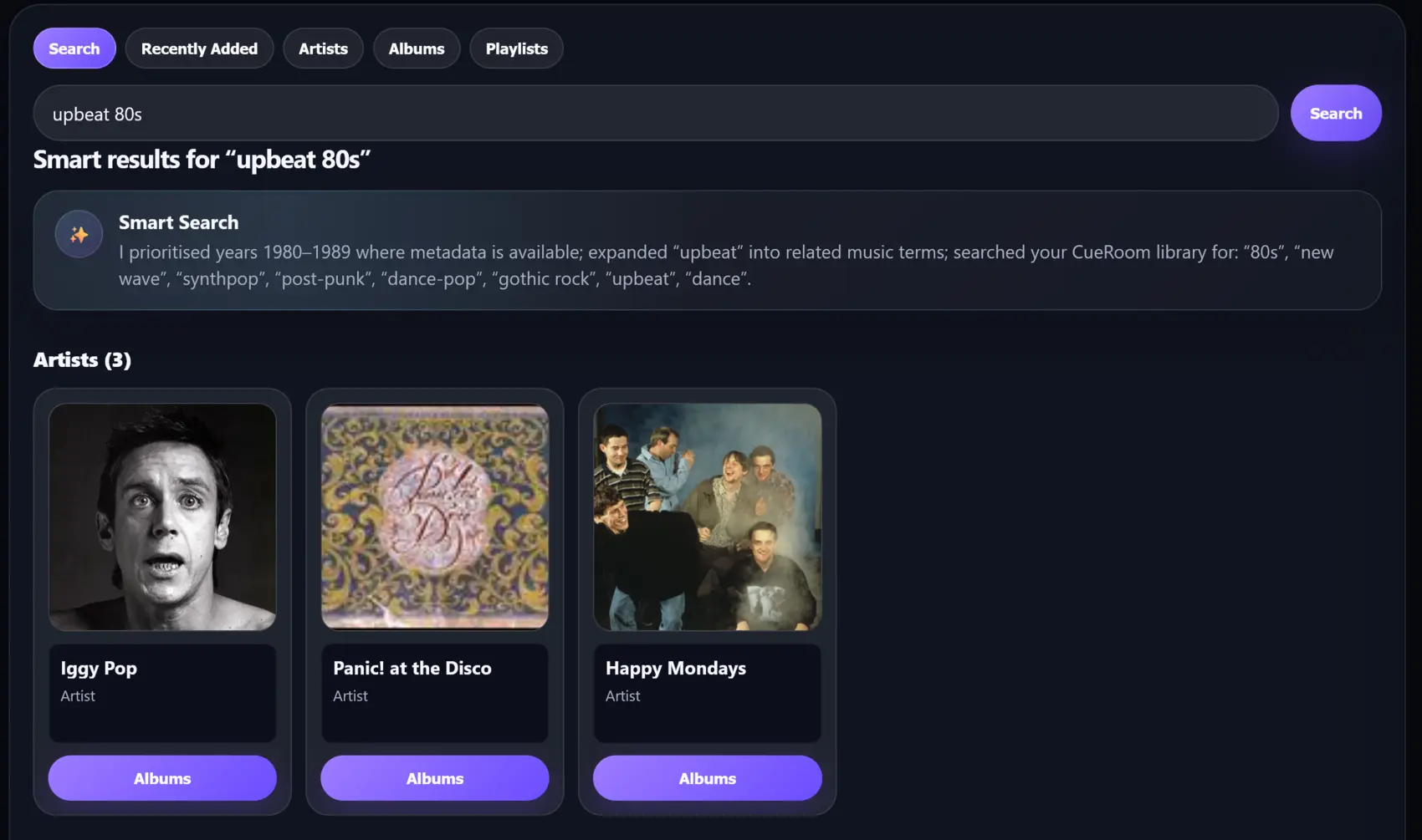 CueRoom search results on a laptop