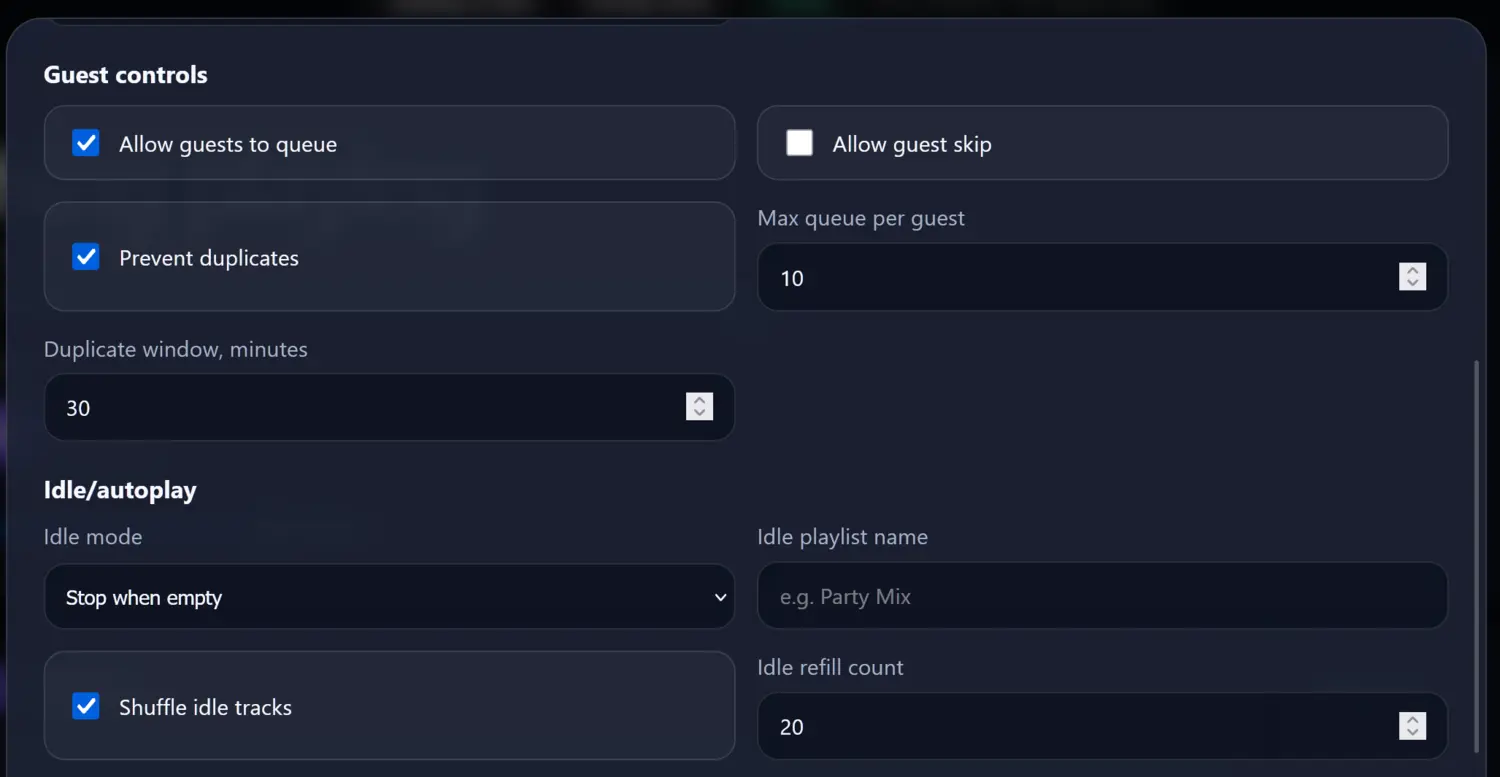 CueRoom host controls for guest limits, duplicates and idle music